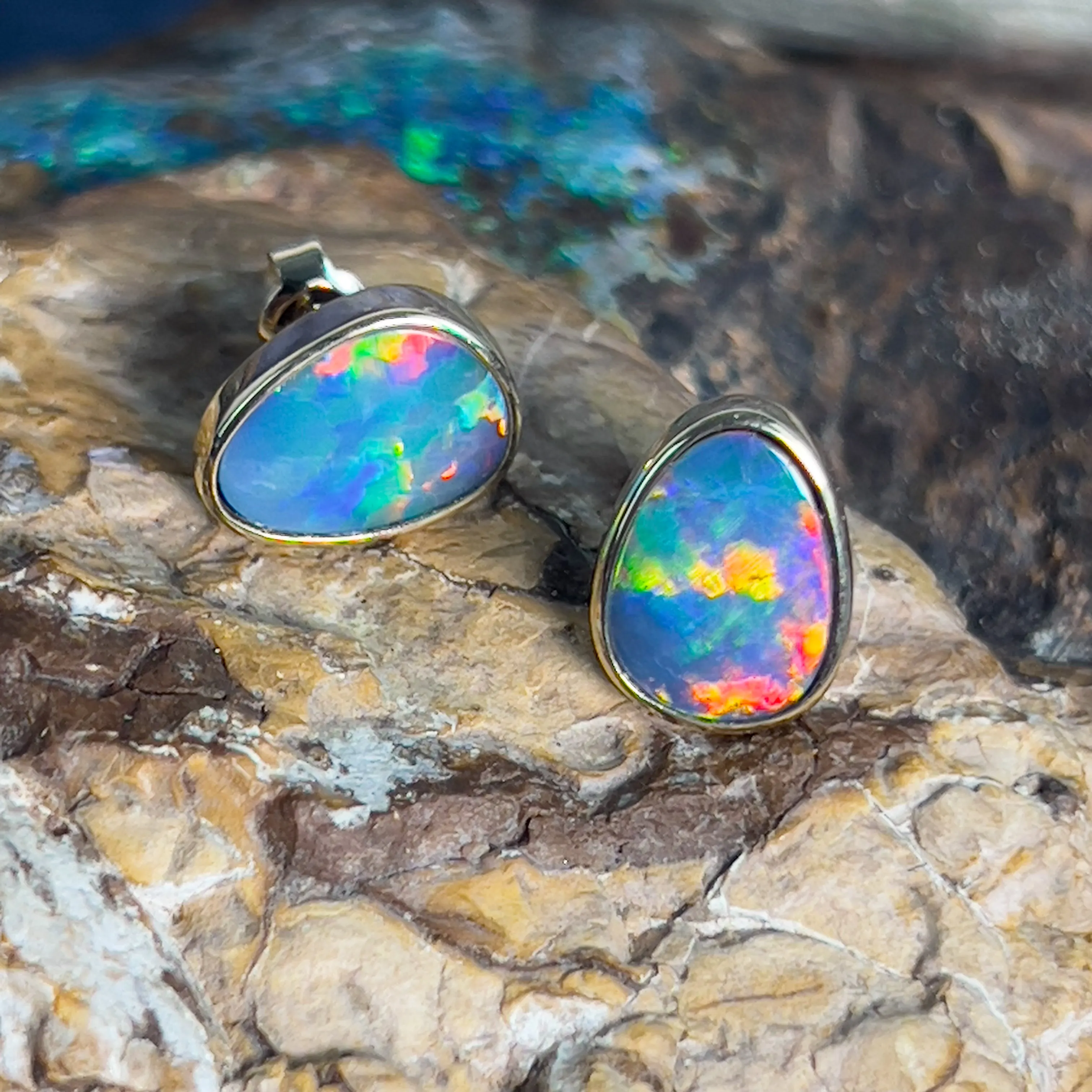 14kt Yellow Gold freeform opal doublet red studs