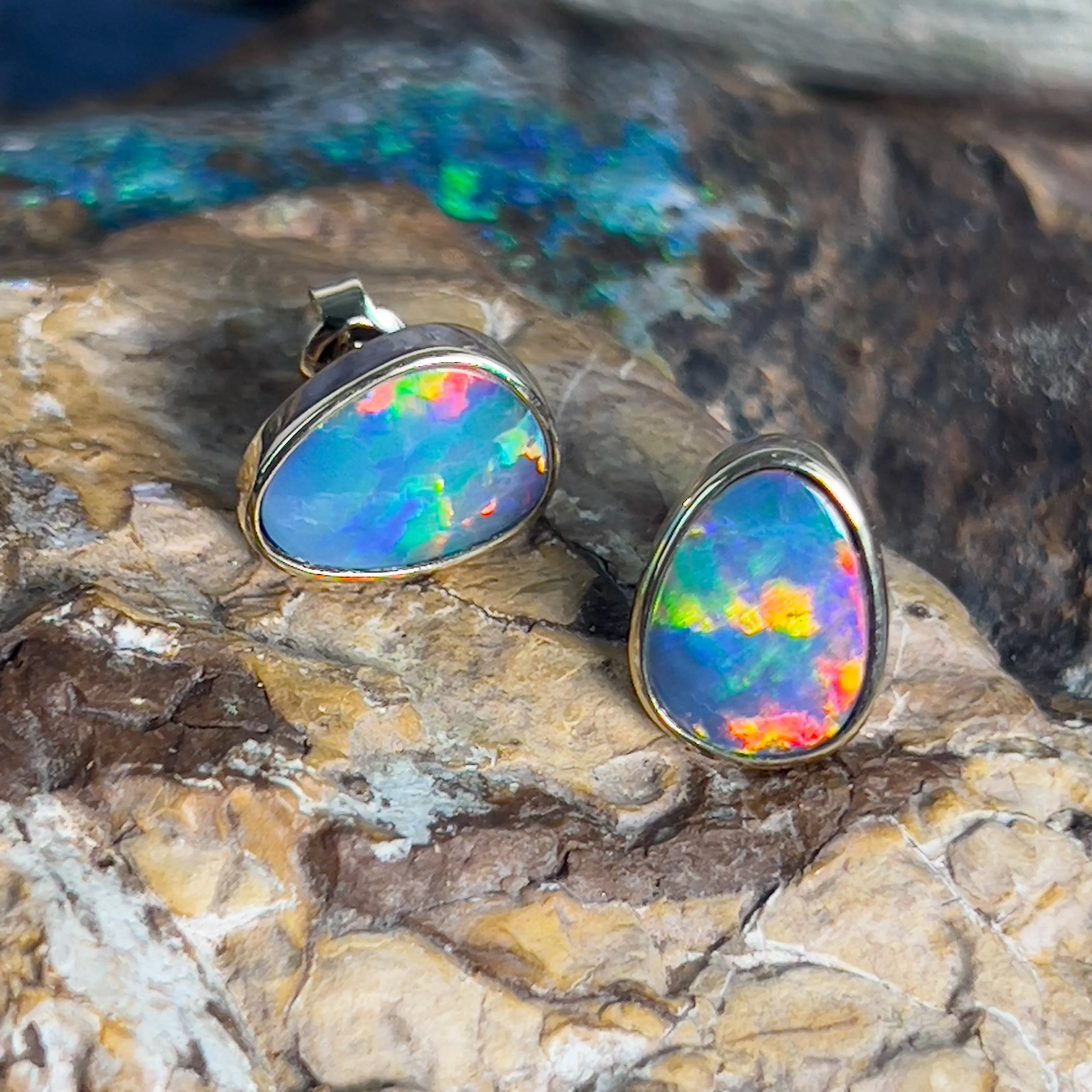 14kt Yellow Gold freeform opal doublet red studs