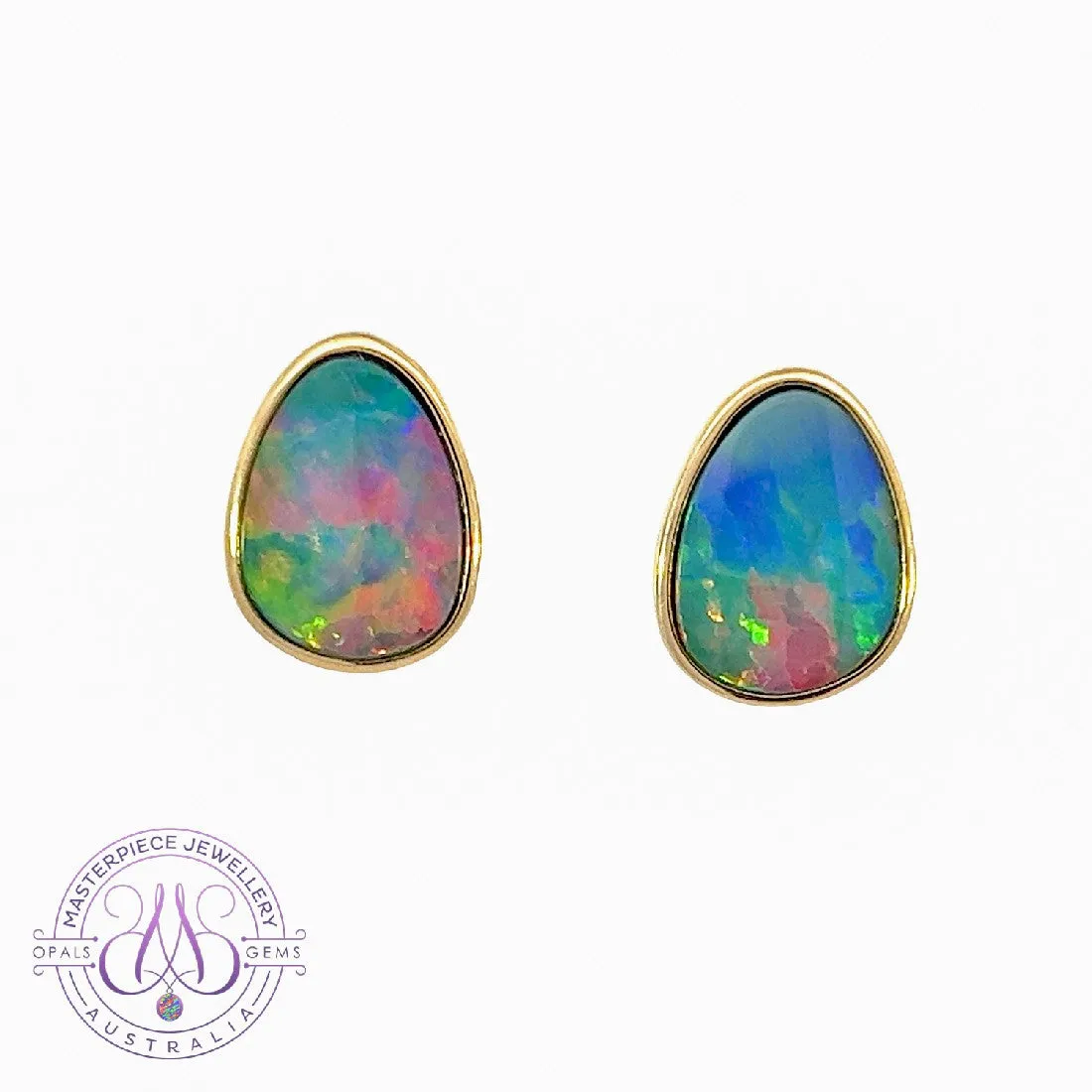 14kt Yellow Gold freeform opal doublet red studs