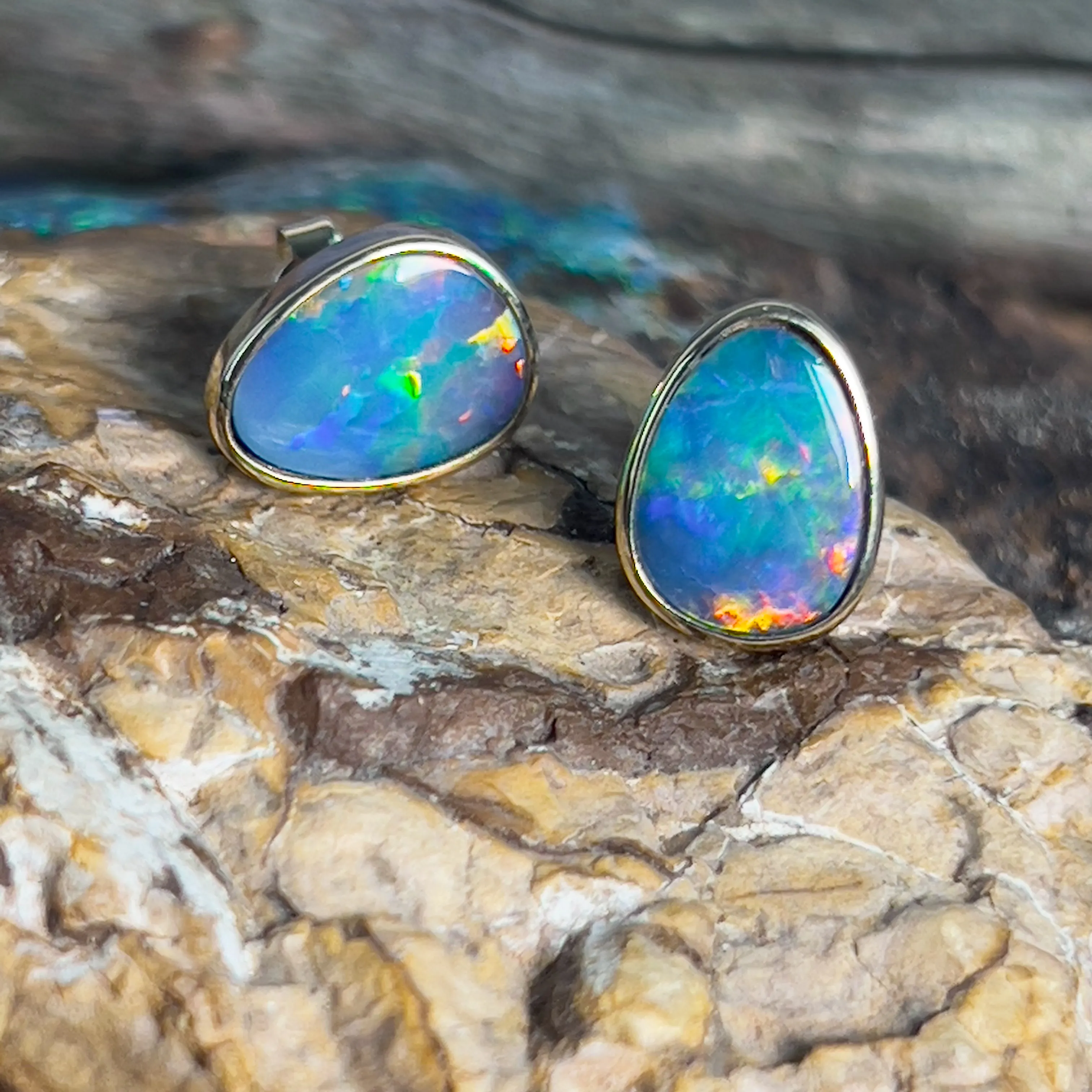 14kt Yellow Gold freeform opal doublet red studs