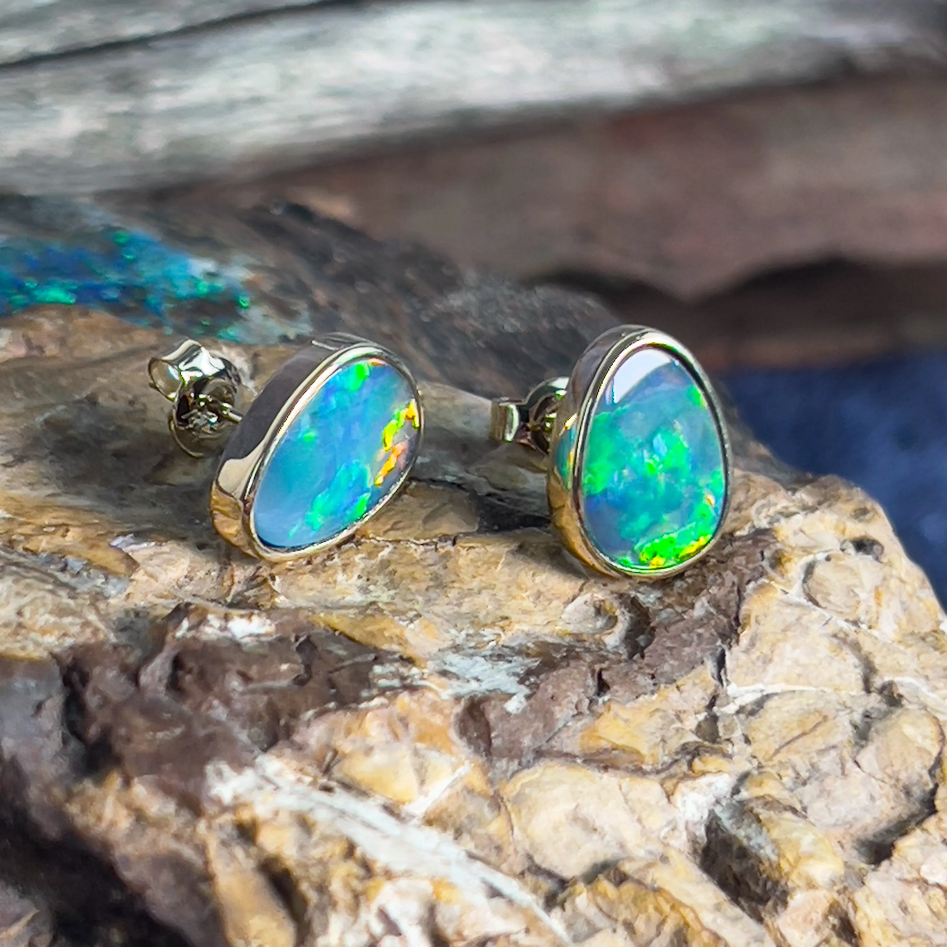 14kt Yellow Gold freeform opal doublet red studs