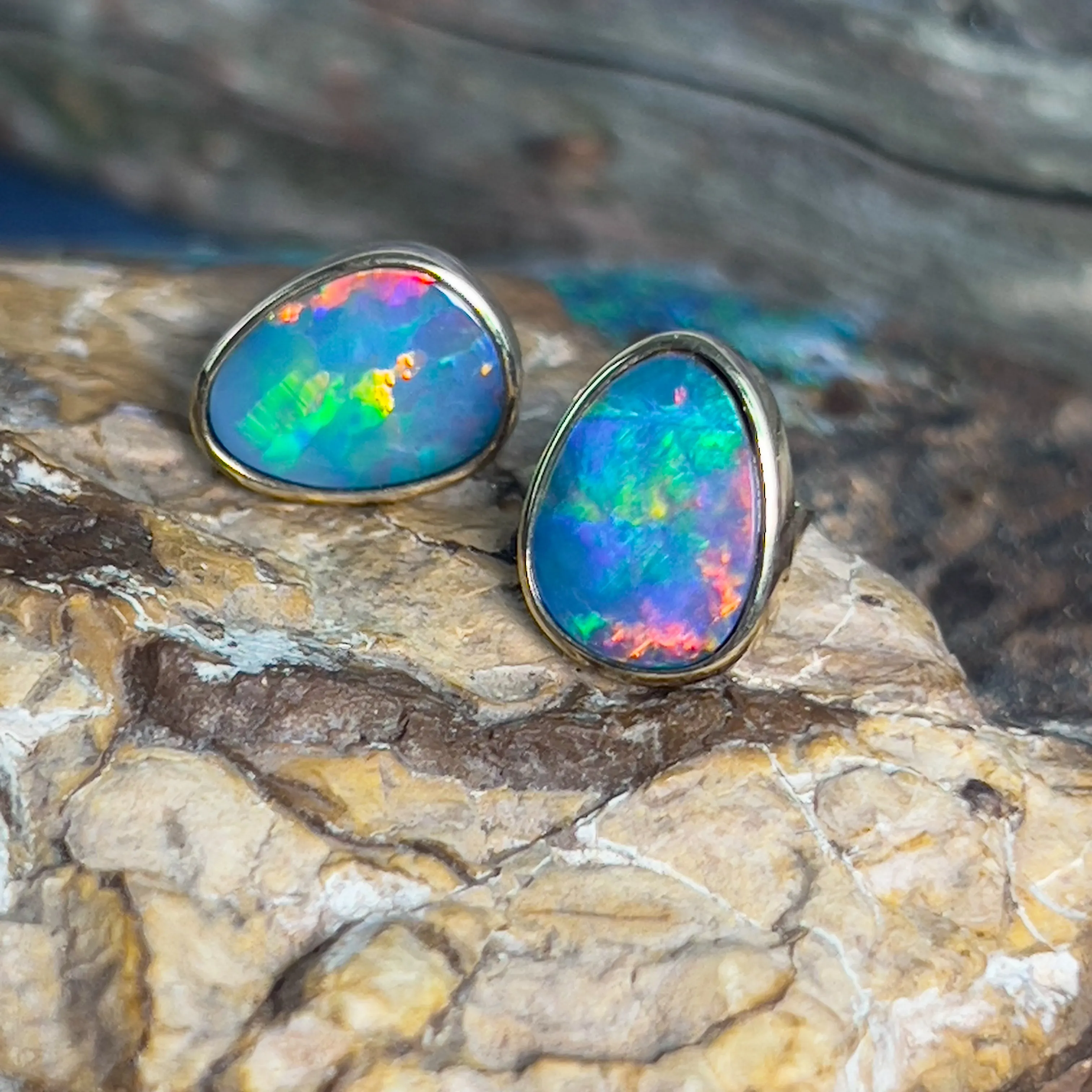 14kt Yellow Gold freeform opal doublet red studs