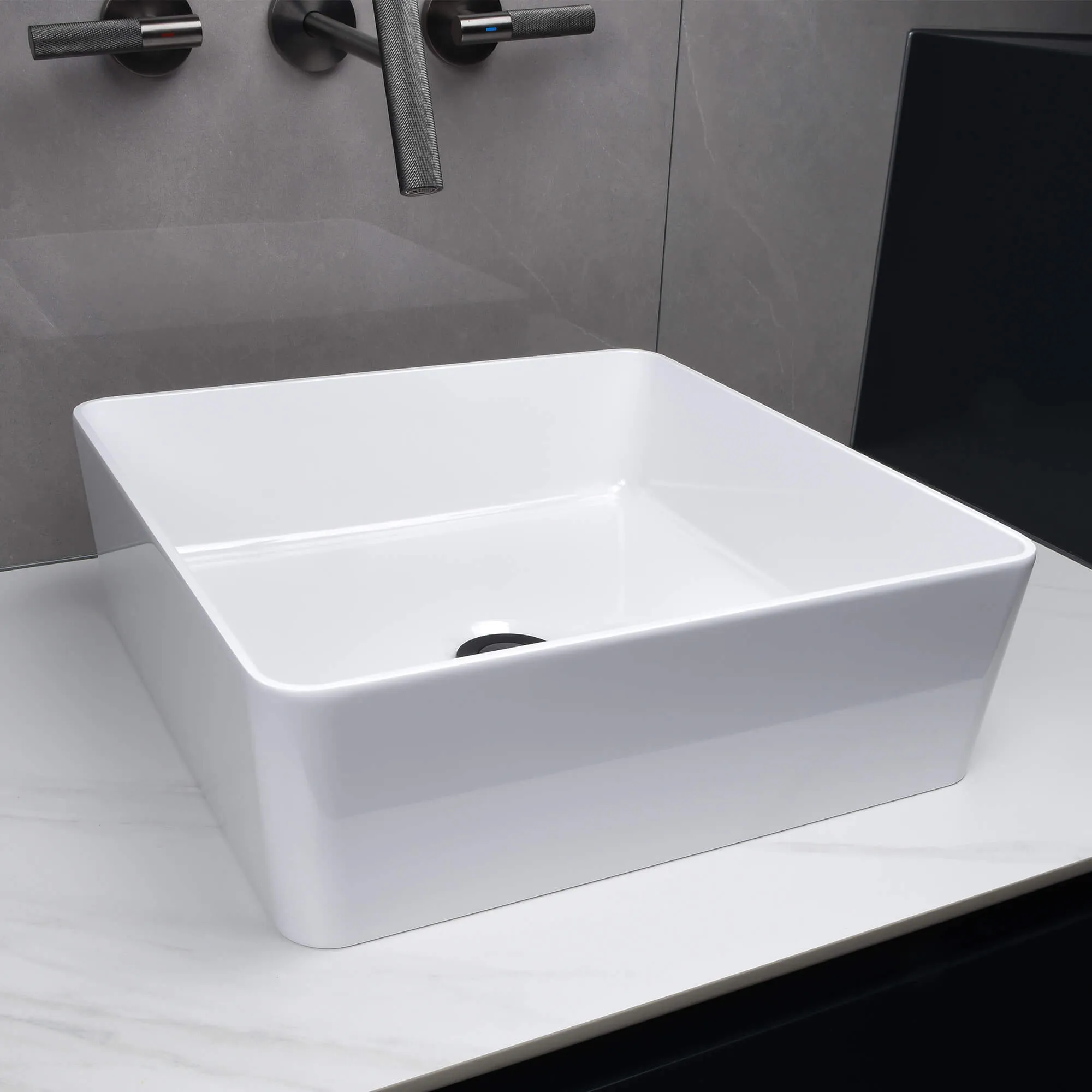 15'' Square Bathroom Vessel Sink Above Counter White Stone Resin Vanity Sink Art Basin JK0234