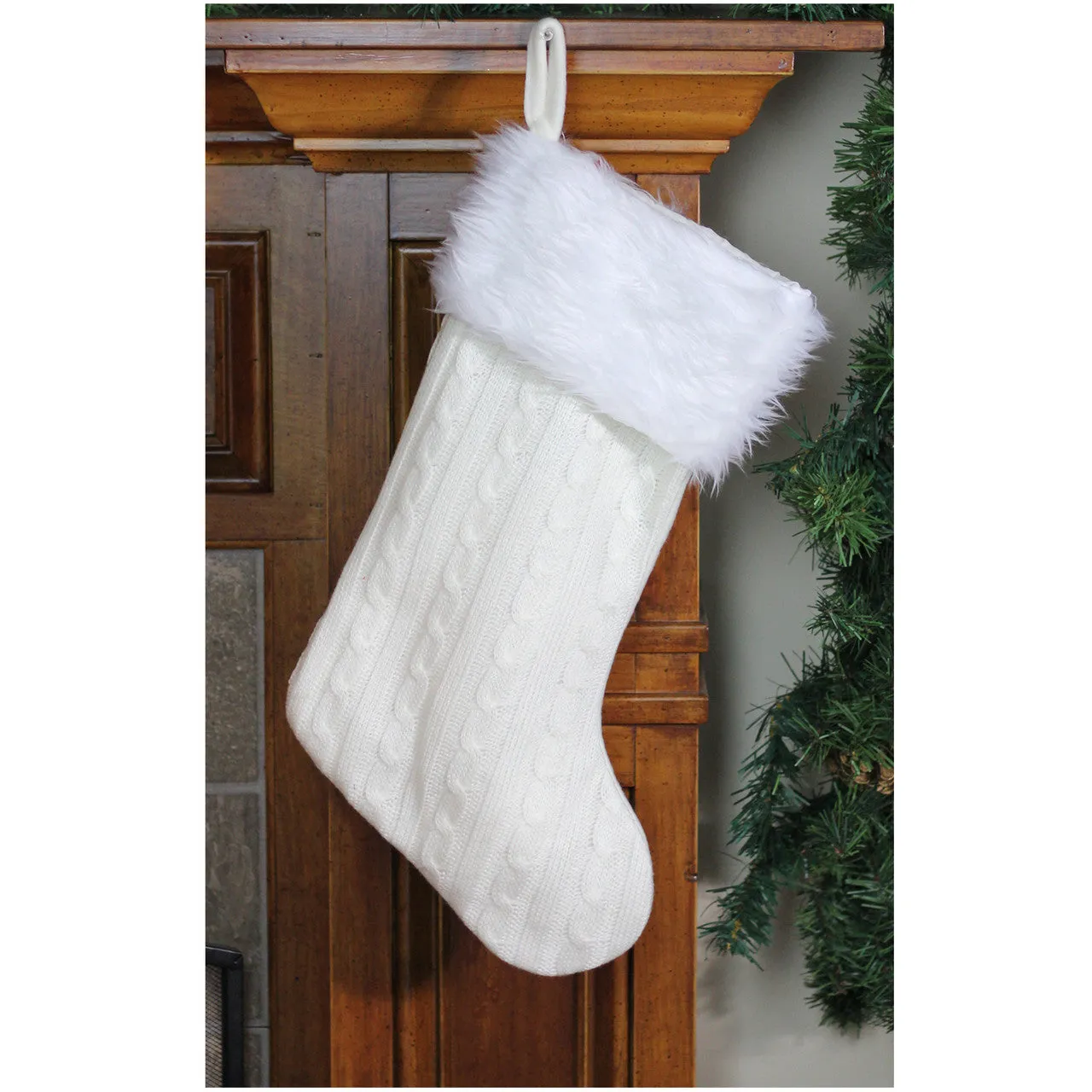 19" Cream Cable Knit With White Faux Fur Cuff Christmas Stocking