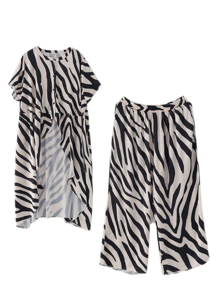 2021 Summer Suit Zebra Stripe Silk Wide Leg Pants Irregular Two Piece Set