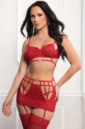 3PC Red Fiery Zipper Top with Garter Mini Skirt & Stockings