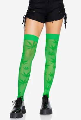 420 Fishnet Thigh High Stockings with Weed Leaf Design