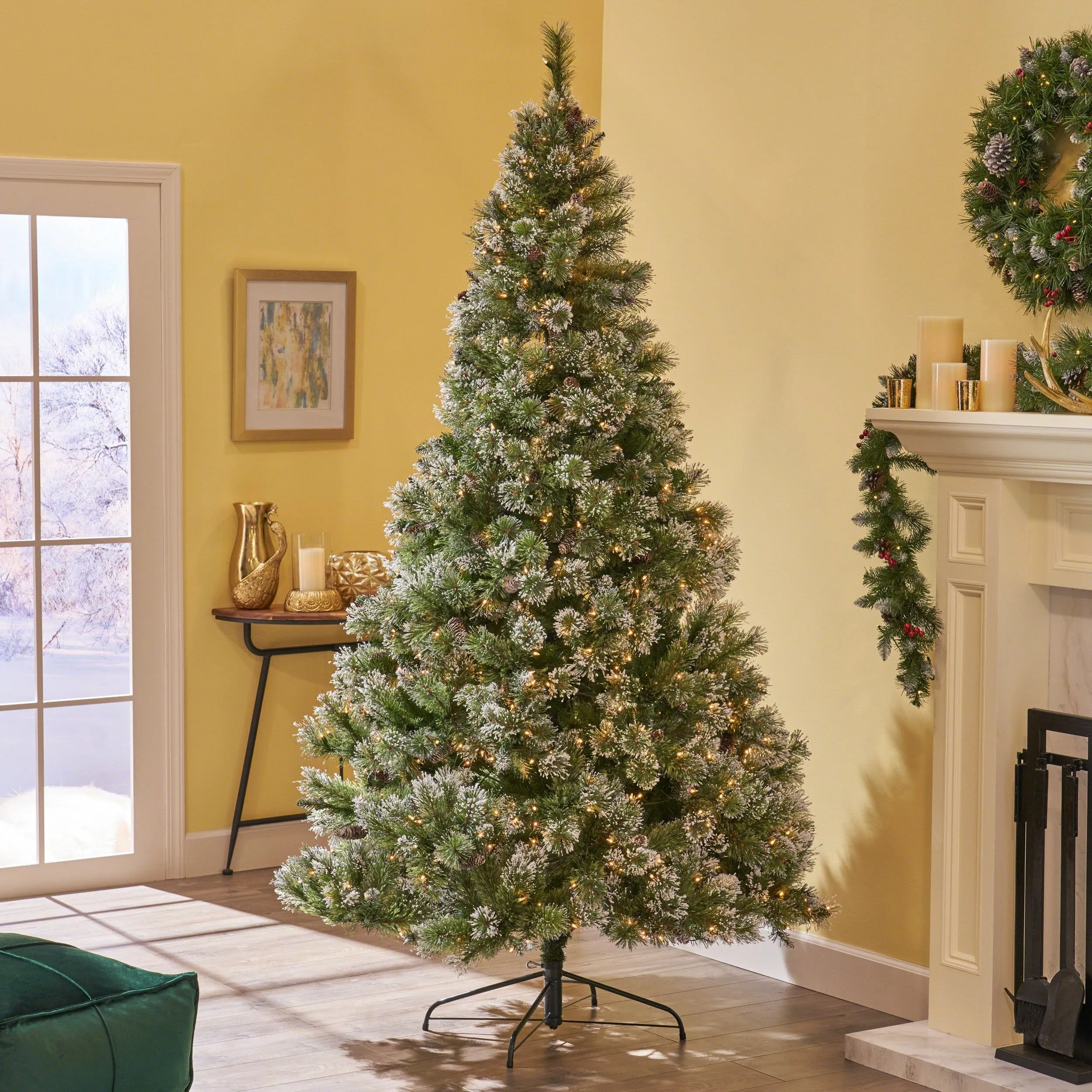 7-foot Cashmere Pine and Mixed Needles Hinged Artificial Christmas Tree with Snow and Glitter Branches and Frosted Pinecones - NH243703