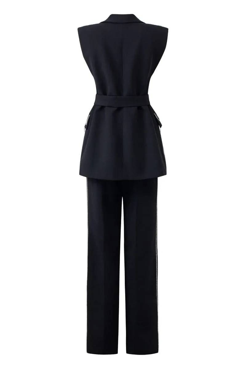 ALIVIA BLACK TEXTURE SLEEVELESS BLAZER AND PANTS SET