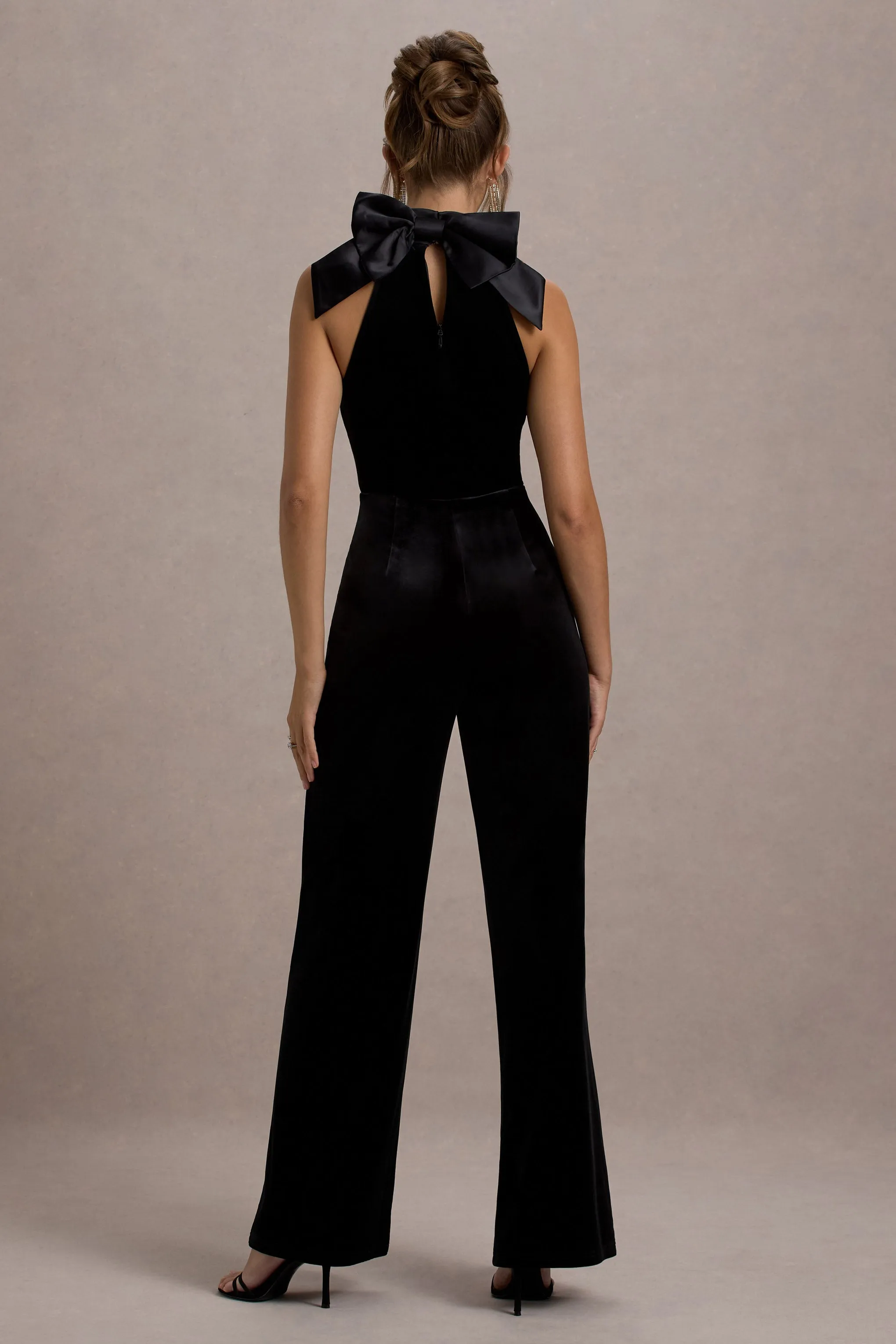 Alondra | Black Velvet High-Neck Straight-Leg Jumpsuit