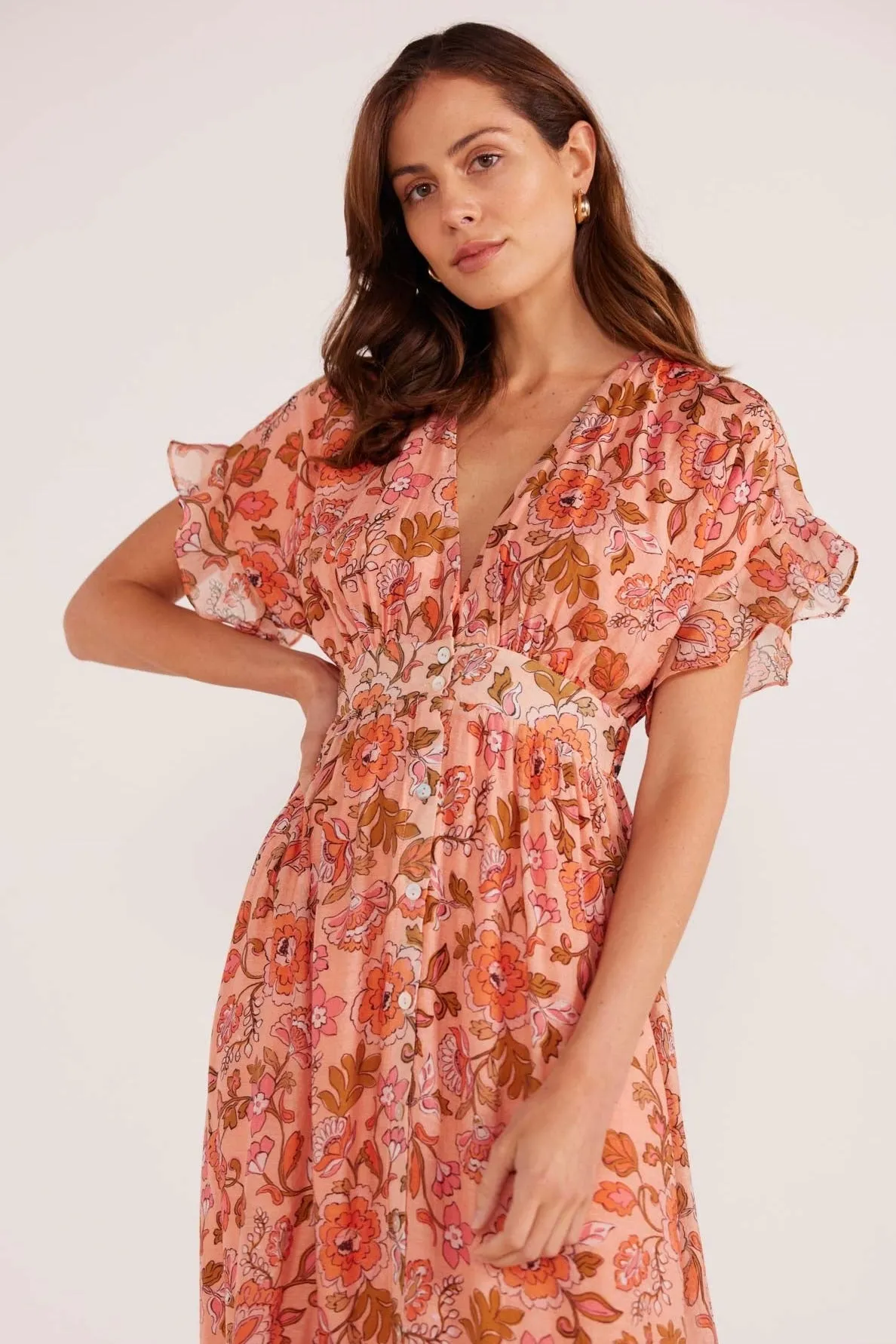 Amelia Peach Floral Button Down Midi Dress