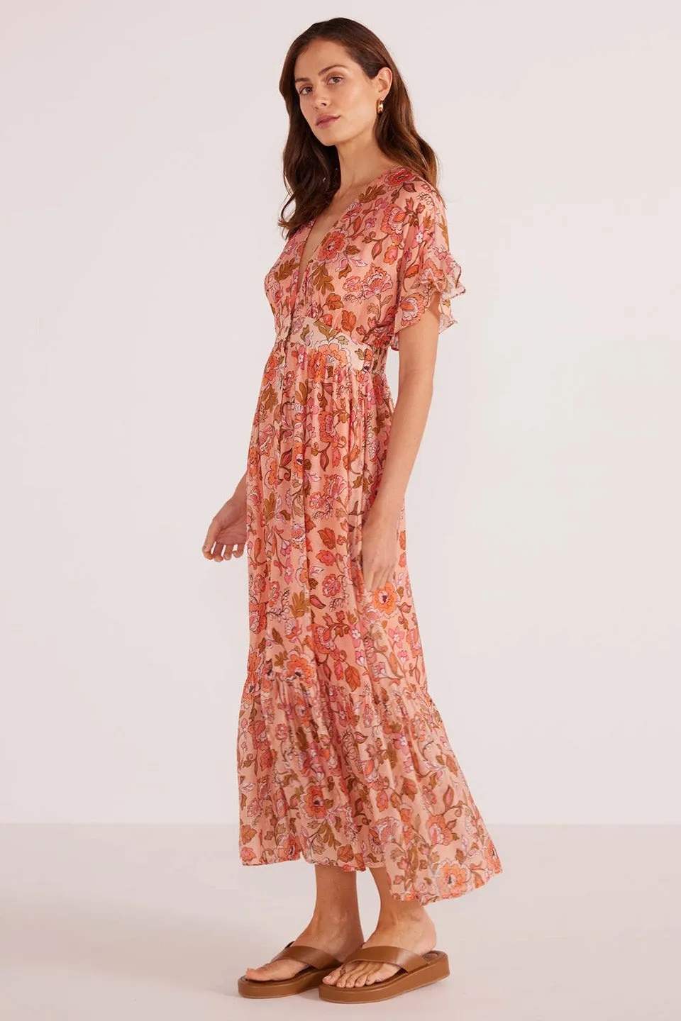 Amelia Peach Floral Button Down Midi Dress