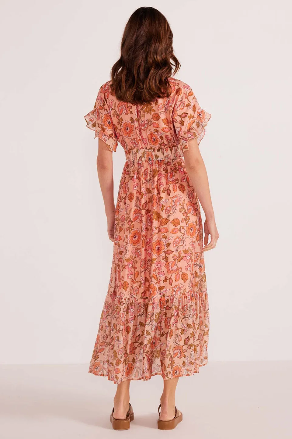 Amelia Peach Floral Button Down Midi Dress