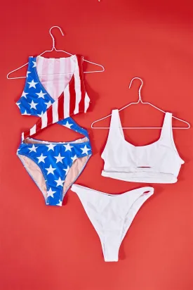 American Girl Flag Print Criss-Cross Front V-Neck Cut-Out Detail Open Back One-Piece Swimsuit