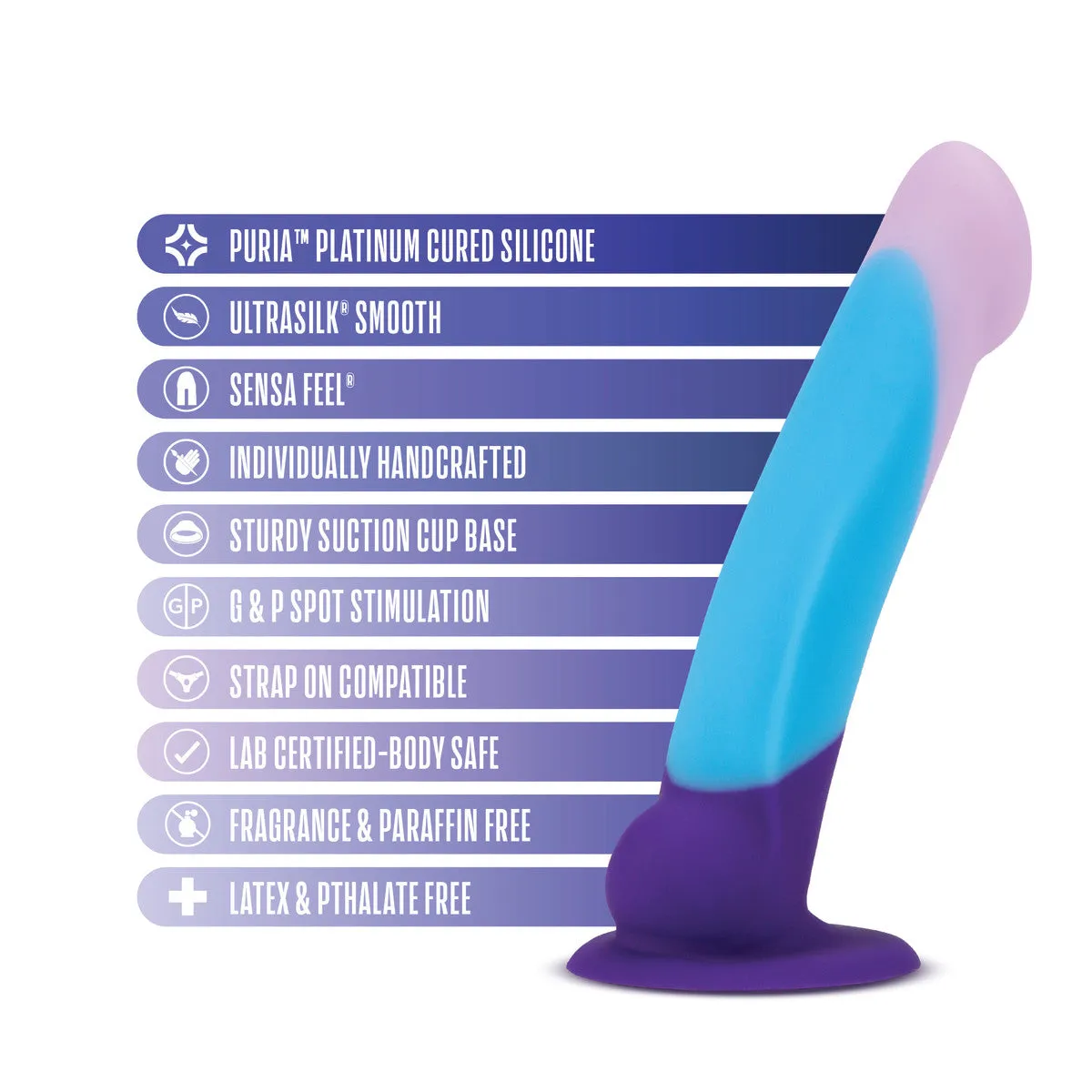 Avant By Blush® | Purple Haze D16: Artisan 7 Inch Curved G-Spot Dildo with Suction Cup Base - Elegantly Made with Smooth Ultrasilk® Purio™ Silicone