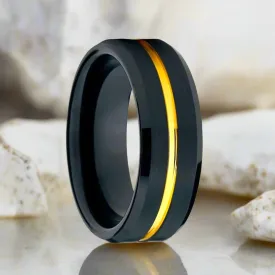 BAIR | Black Tungsten Ring, Gold Groove, Beveled