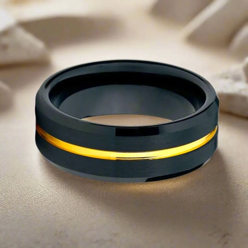 BAIR | Black Tungsten Ring, Gold Groove, Beveled