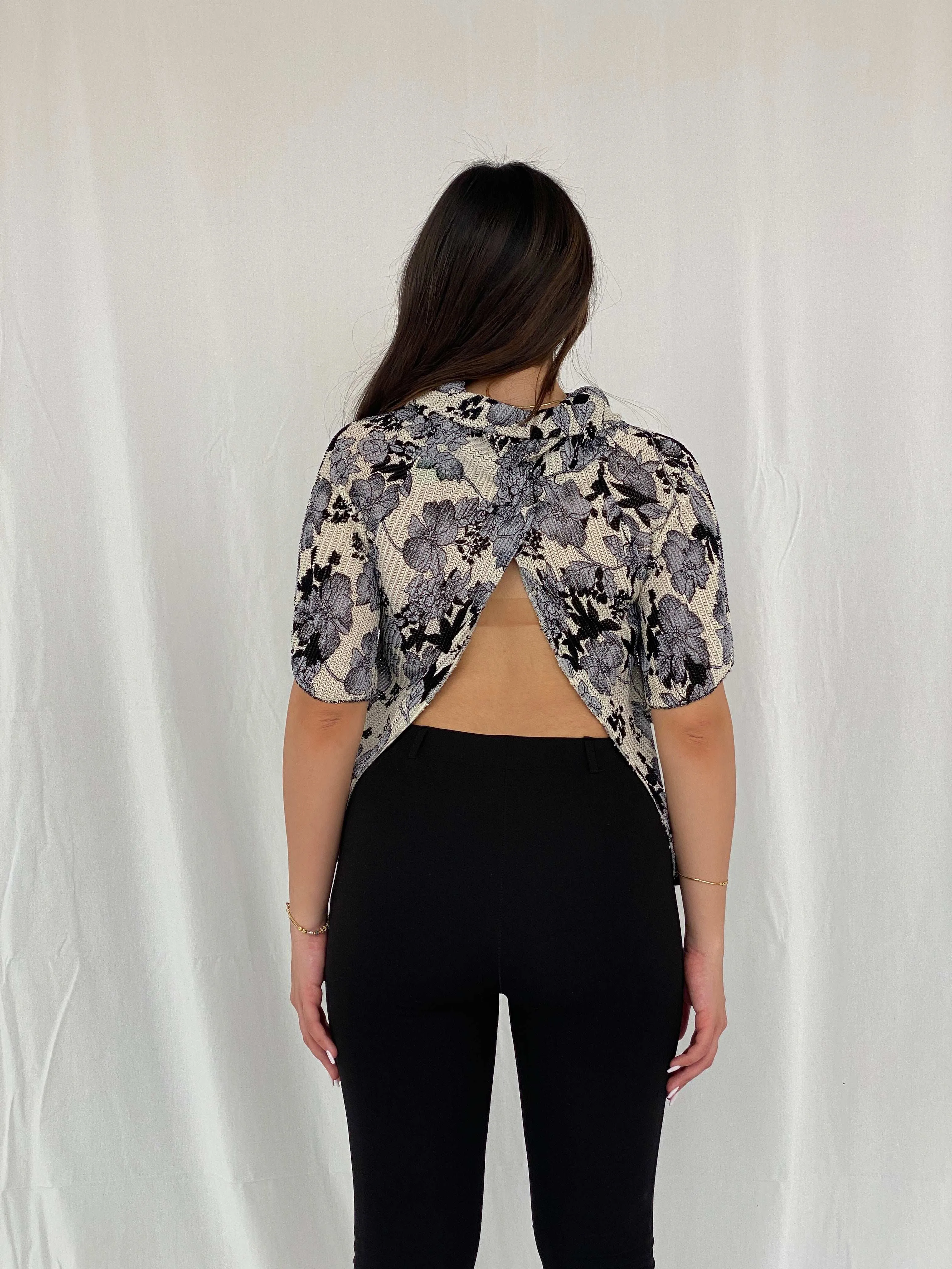 Beautiful Vintage Gray Floral Mesh Top with Open Back