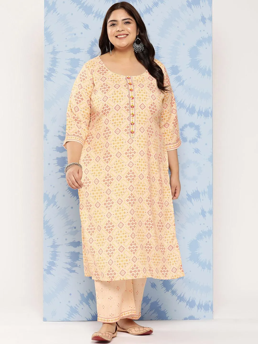 Beige Printed Cotton Blend Straight Kurta With Trousers