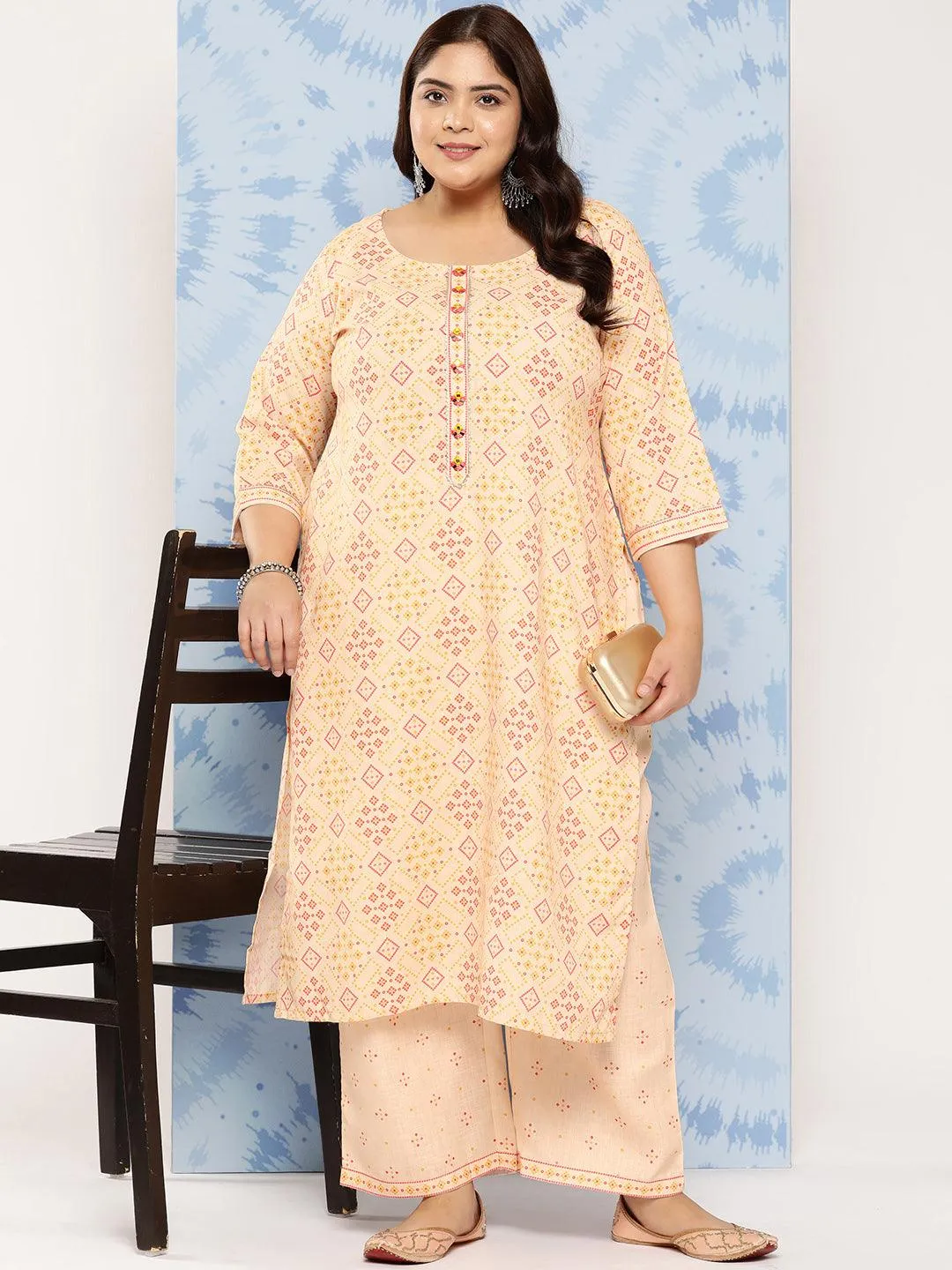 Beige Printed Cotton Blend Straight Kurta With Trousers