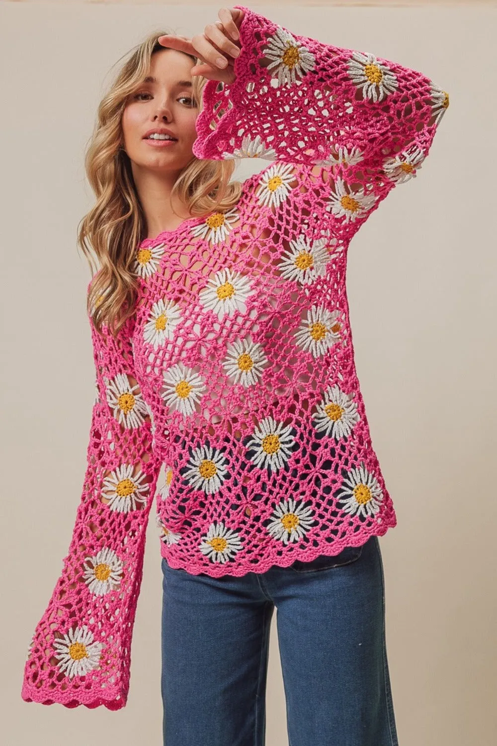 BiBi Floral Crochet Net Lace Sweater in Pink with Daisies