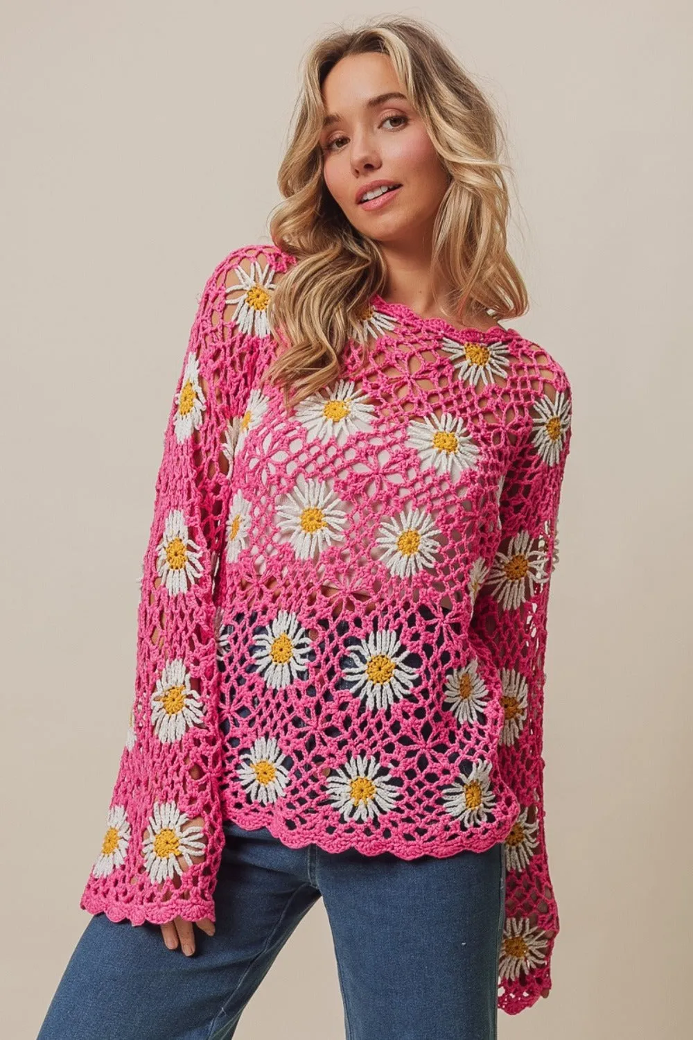 BiBi Floral Crochet Net Lace Sweater in Pink with Daisies