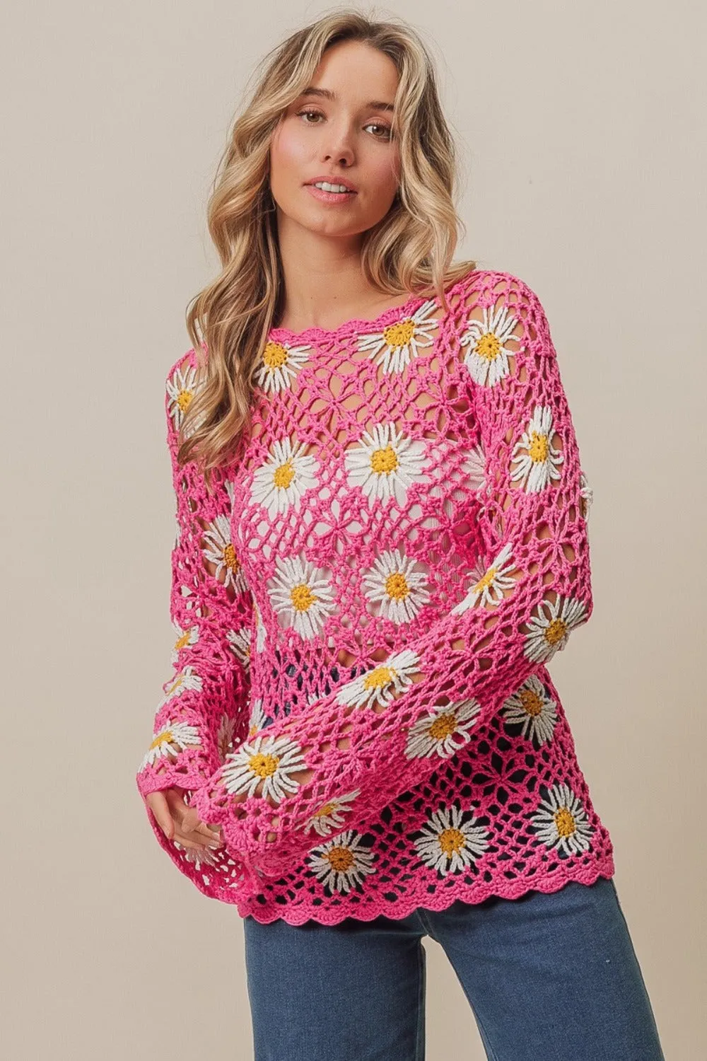 BiBi Floral Crochet Net Lace Sweater in Pink with Daisies