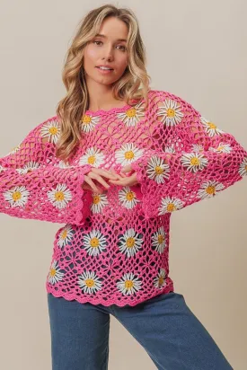 BiBi Floral Crochet Net Lace Sweater in Pink with Daisies