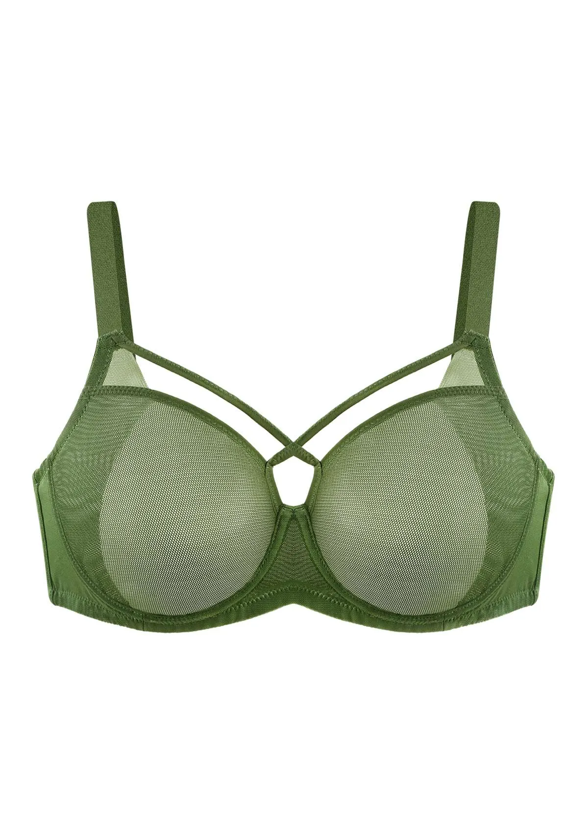 Billie Cross Front Strap Dark Green Smooth Sheer Mesh Underwire Bra Set