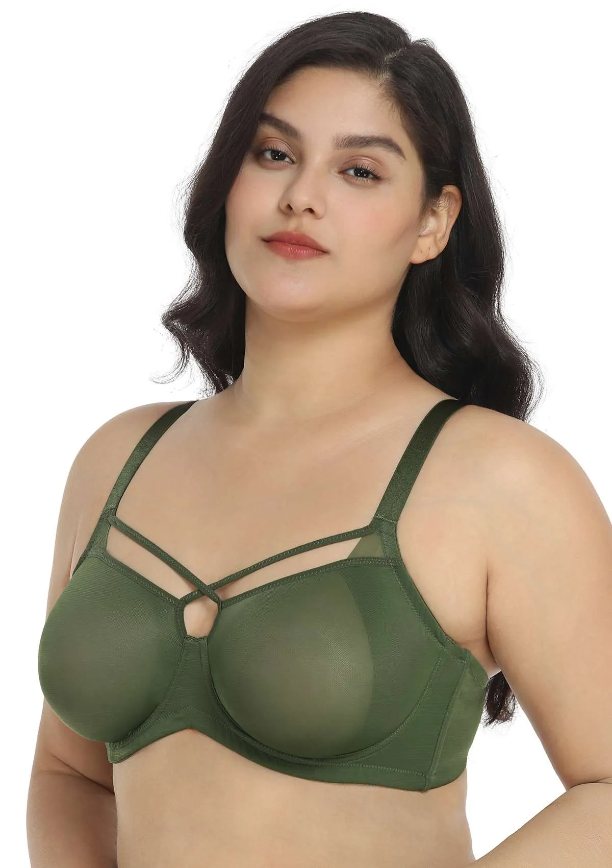 Billie Cross Front Strap Dark Green Smooth Sheer Mesh Underwire Bra Set