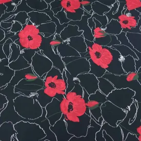 Black And Red Floral Textured Brocade Fabric