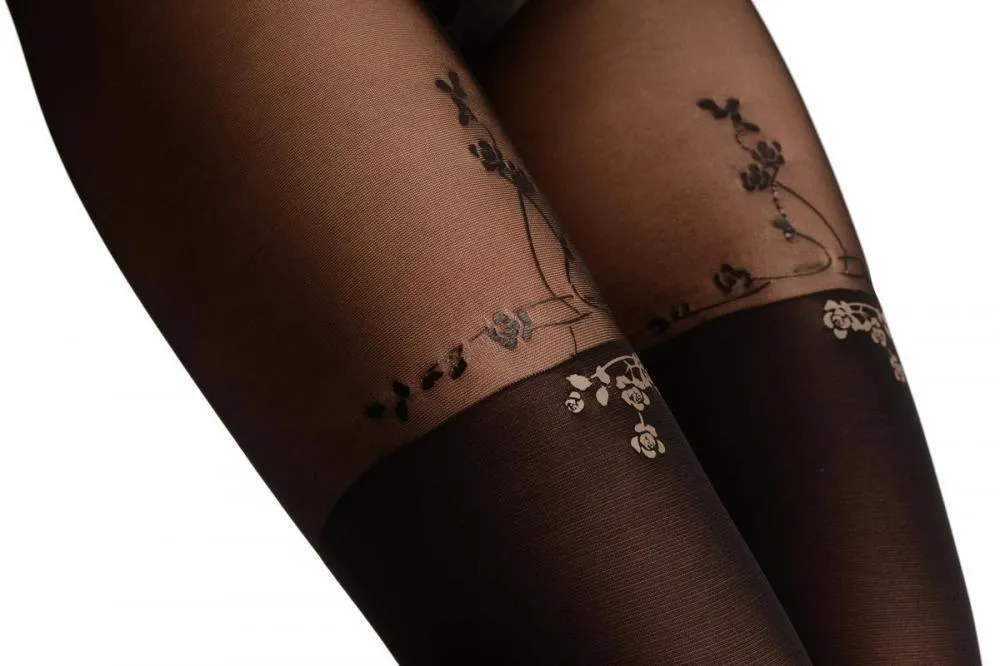 Black Faux Stockings With Printed Grey & Black Roses