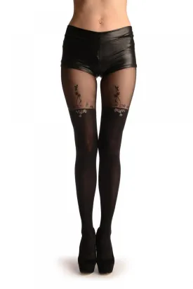 Black Faux Stockings With Printed Grey & Black Roses