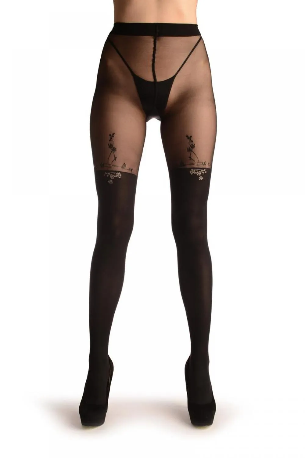 Black Faux Stockings With Printed Grey & Black Roses