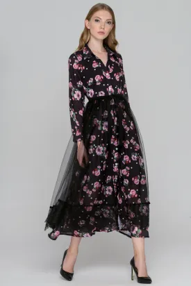 Black Floral Dots Tulle Layer Maxi Shirt Dress