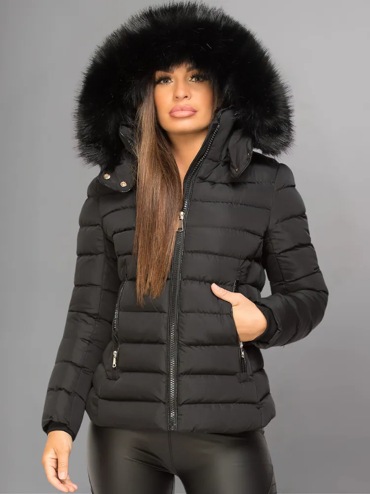 Black Puffer Jacket With Faux fur Hood