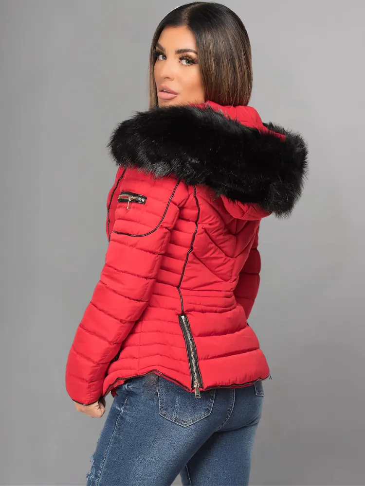 Black Puffer Jacket With Faux fur Hood