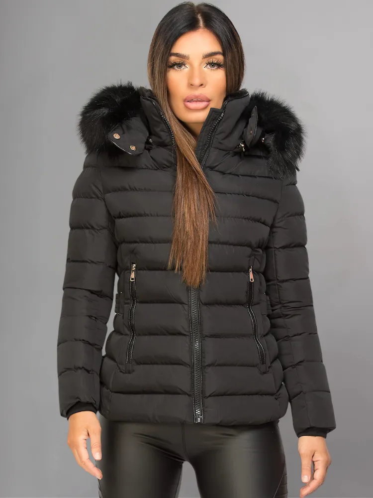 Black Puffer Jacket With Faux fur Hood