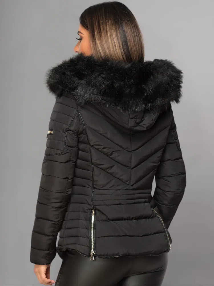 Black Puffer Jacket With Faux fur Hood