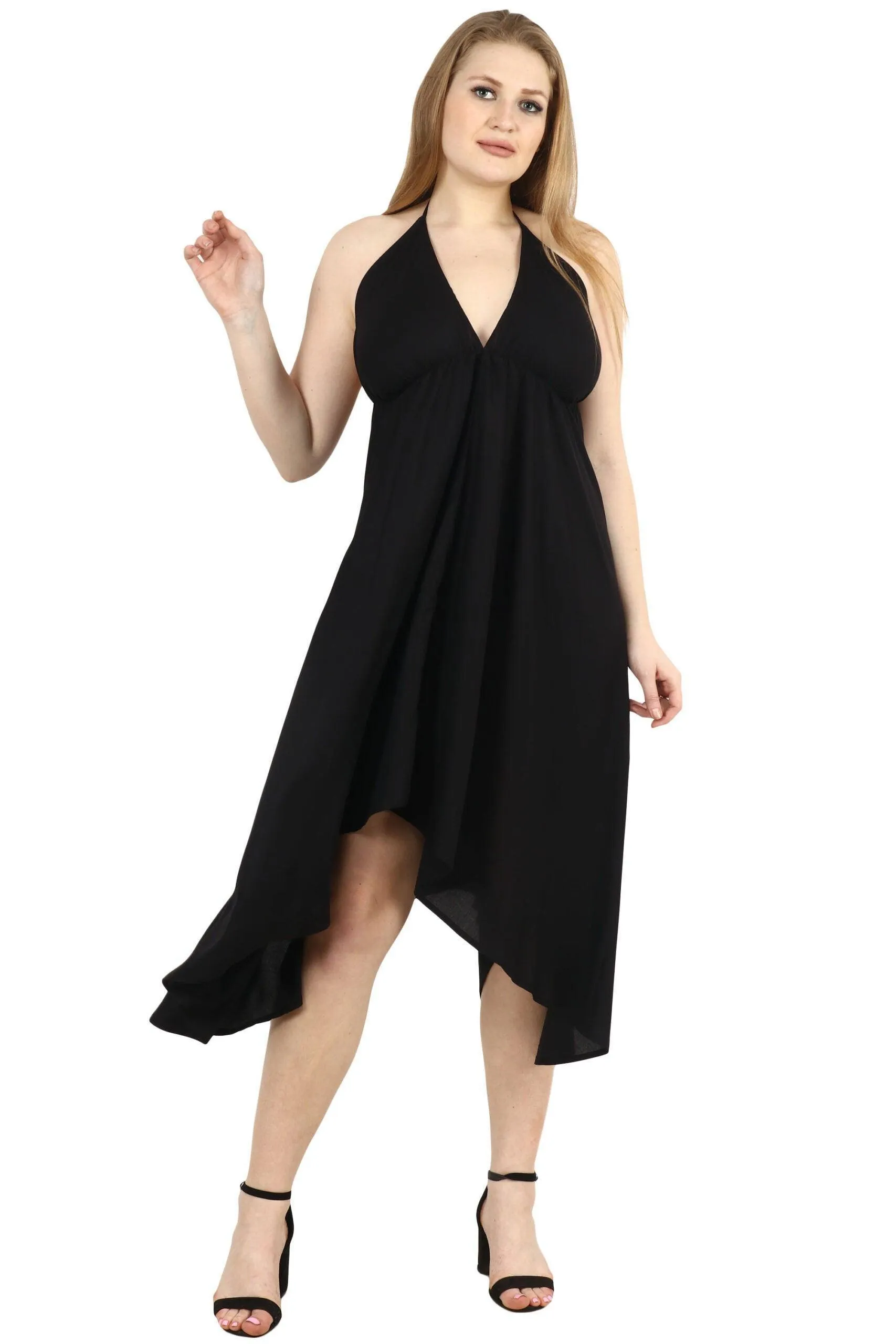 Black Solid Backless Neck Tie Asymmetric Tie Dress