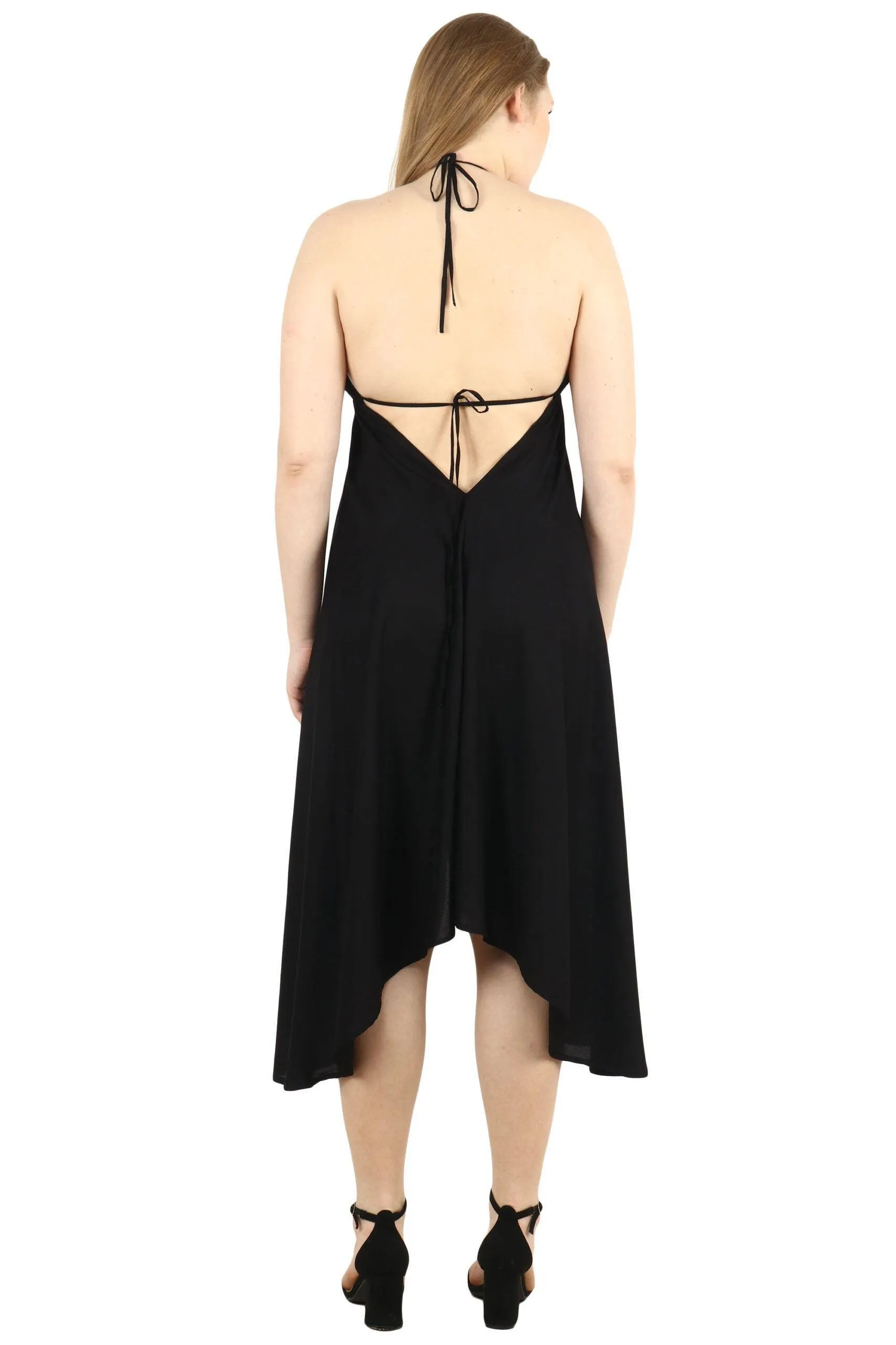 Black Solid Backless Neck Tie Asymmetric Tie Dress