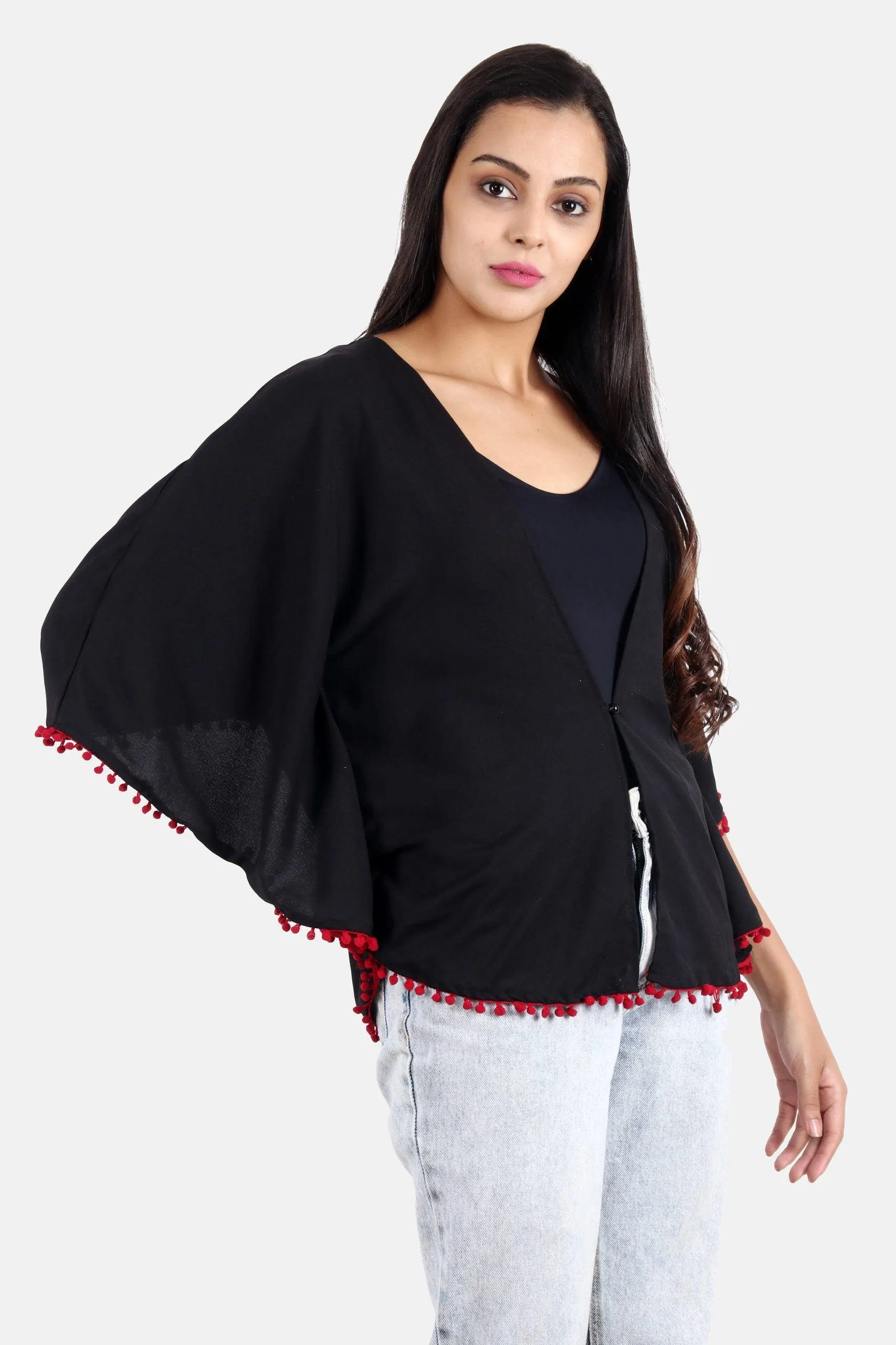 Black Solid Shrug with Pom Poms