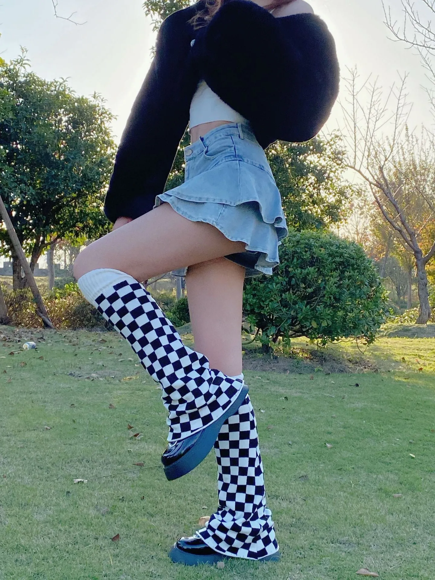 Black White Plaid Flared Leg Warmers