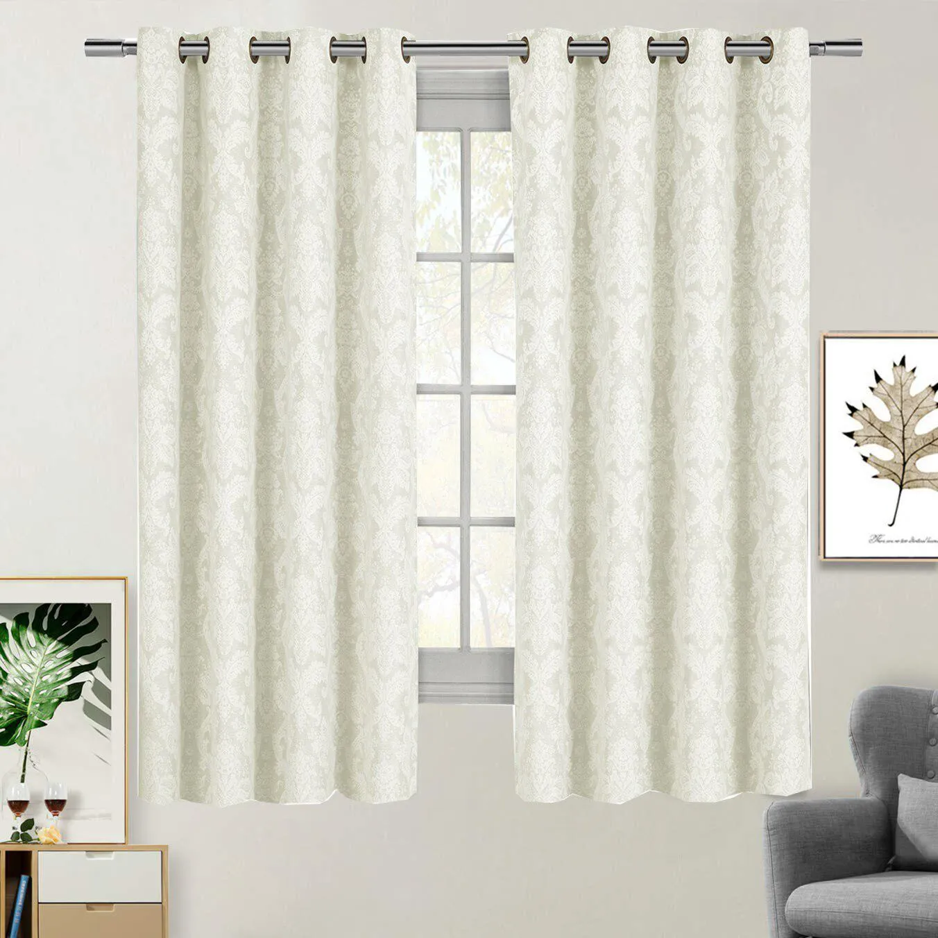 Blair Damask Floral Curtains Jacquard Drapes Grommet Top Panels (Set of 2)