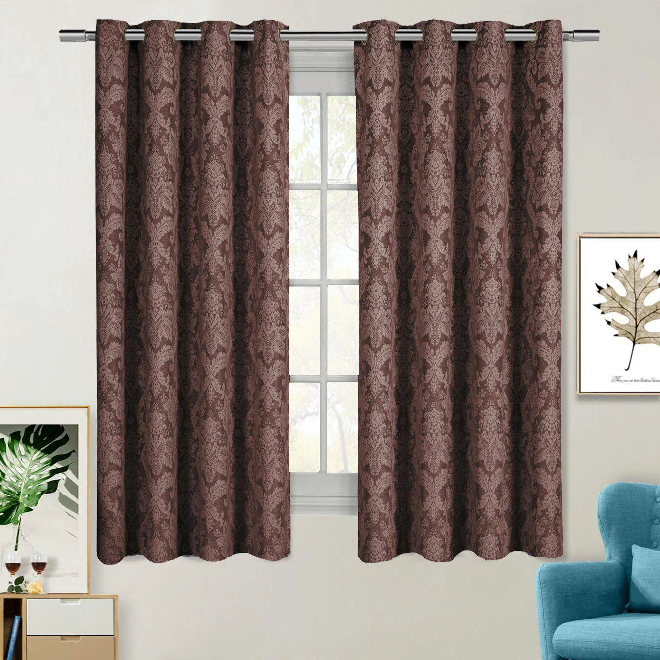 Blair Damask Floral Curtains Jacquard Drapes Grommet Top Panels (Set of 2)