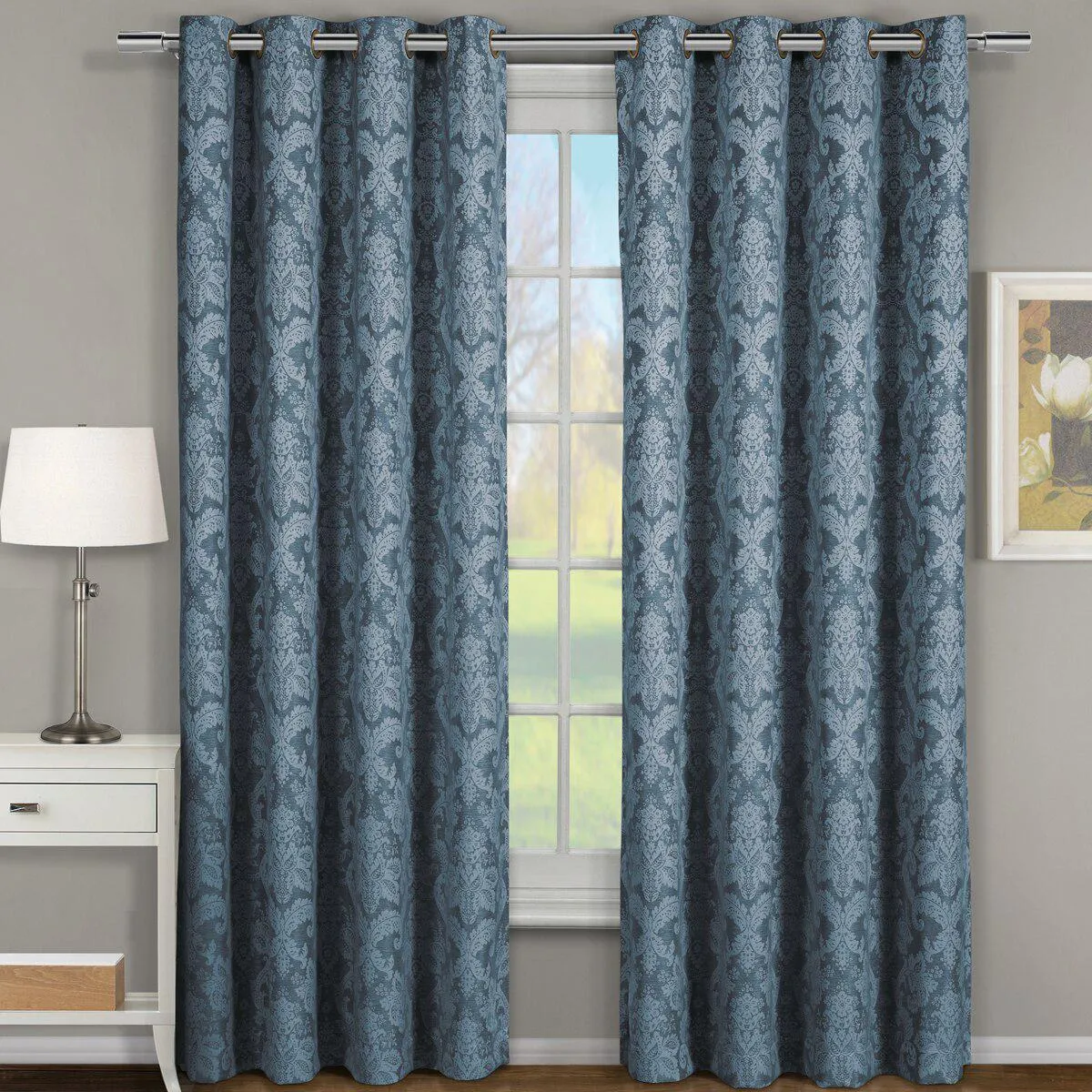 Blair Damask Floral Curtains Jacquard Drapes Grommet Top Panels (Set of 2)