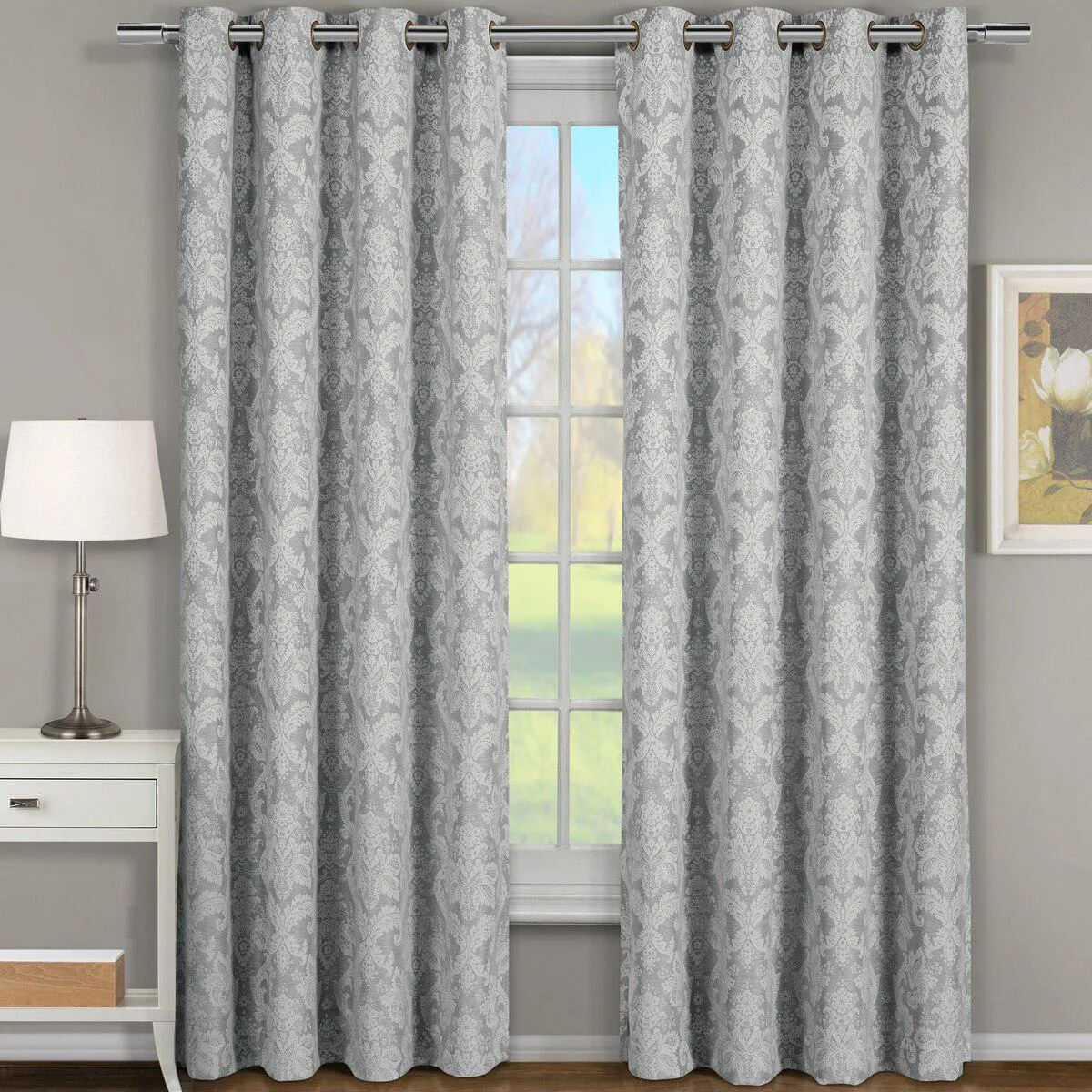 Blair Damask Floral Curtains Jacquard Drapes Grommet Top Panels (Set of 2)