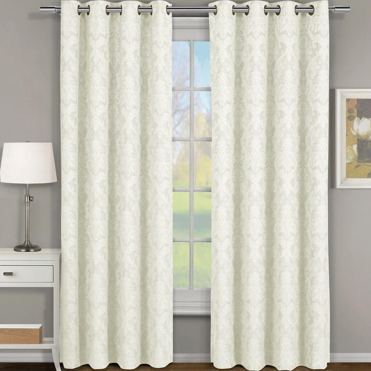 Blair Damask Floral Curtains Jacquard Drapes Grommet Top Panels (Set of 2)