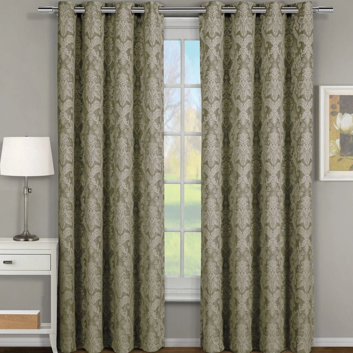 Blair Damask Floral Curtains Jacquard Drapes Grommet Top Panels (Set of 2)