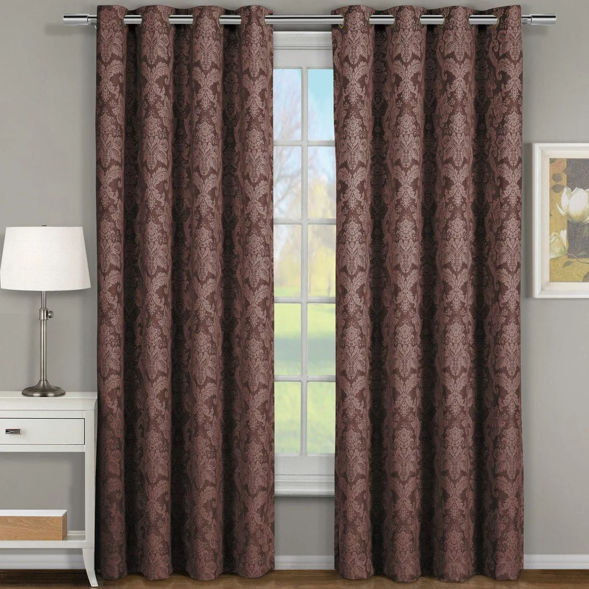 Blair Damask Floral Curtains Jacquard Drapes Grommet Top Panels (Set of 2)